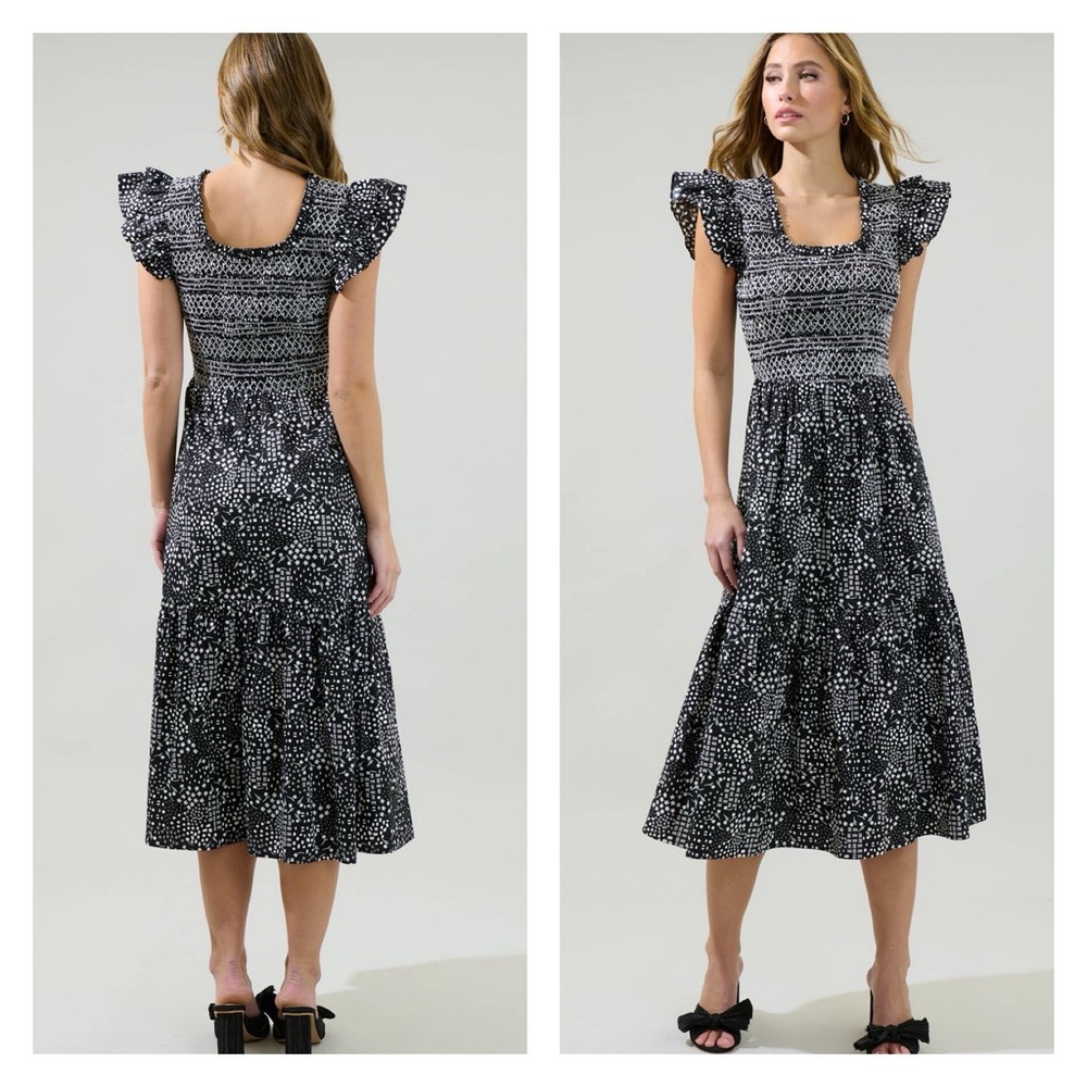 Black and White Geometric Smocked Midi Dress by Sugarlips